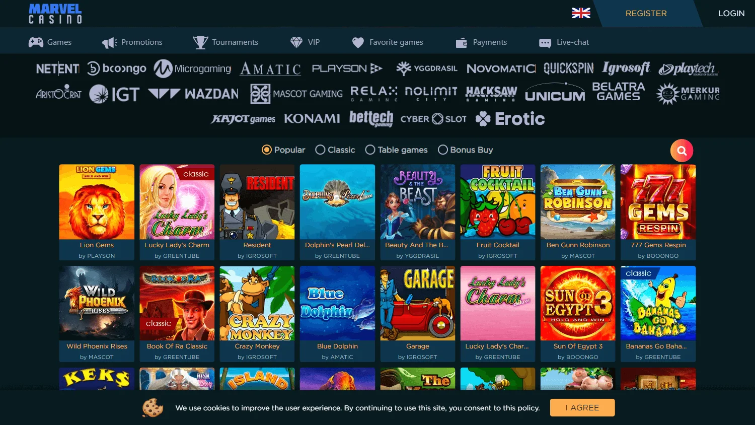 Marvel Casino casino games interface on a desktop computer