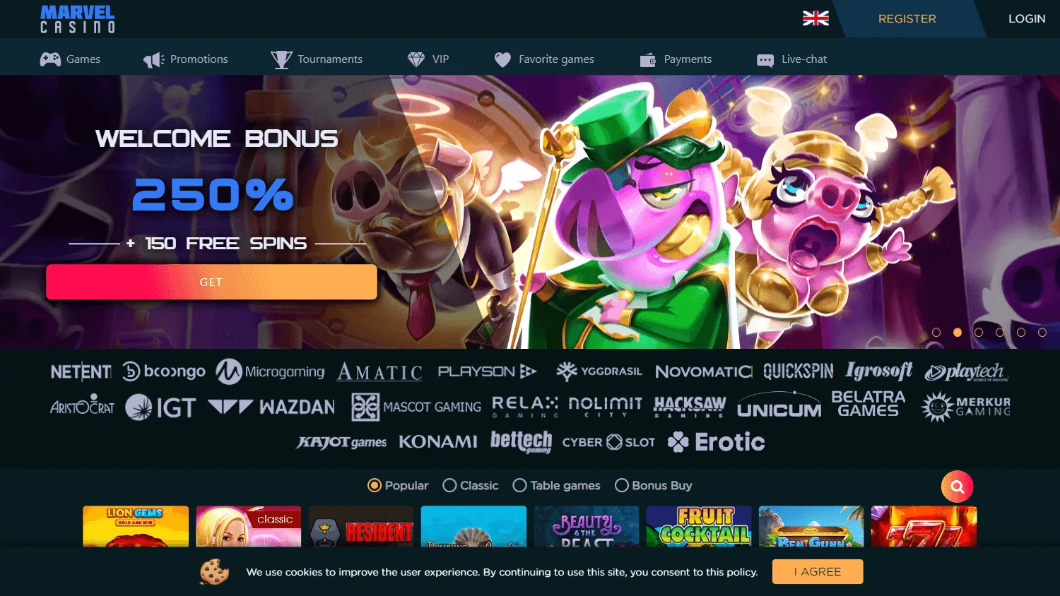 Marvel Casino home interface on a desktop computer