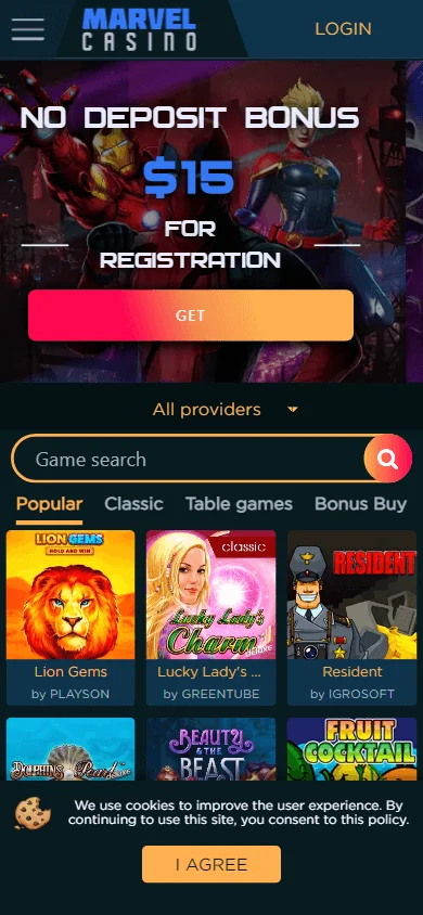 Marvel Casino home interface on a mobile phone