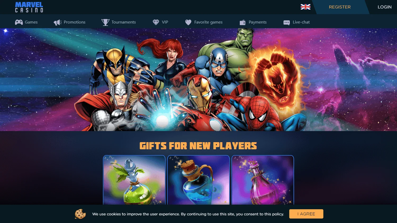 Marvel Casino promotions interface on a desktop computer
